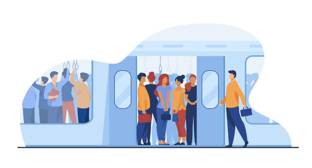 illustration depicting train commuters.