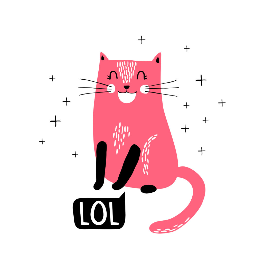 illustration showing a pink cat, grinning, saying 'LOL'