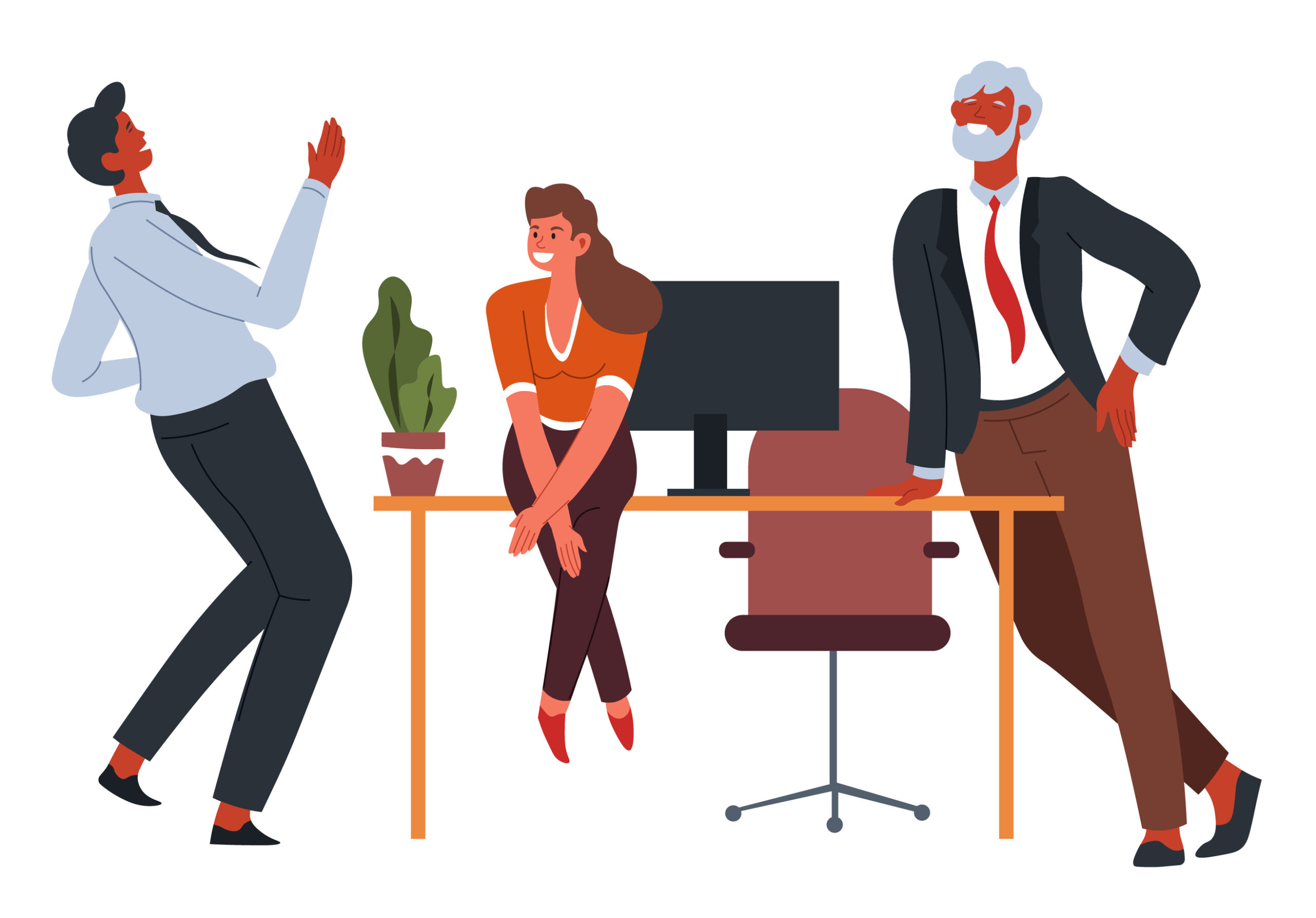 Illustration showing three people laughing, within a workplace environment.