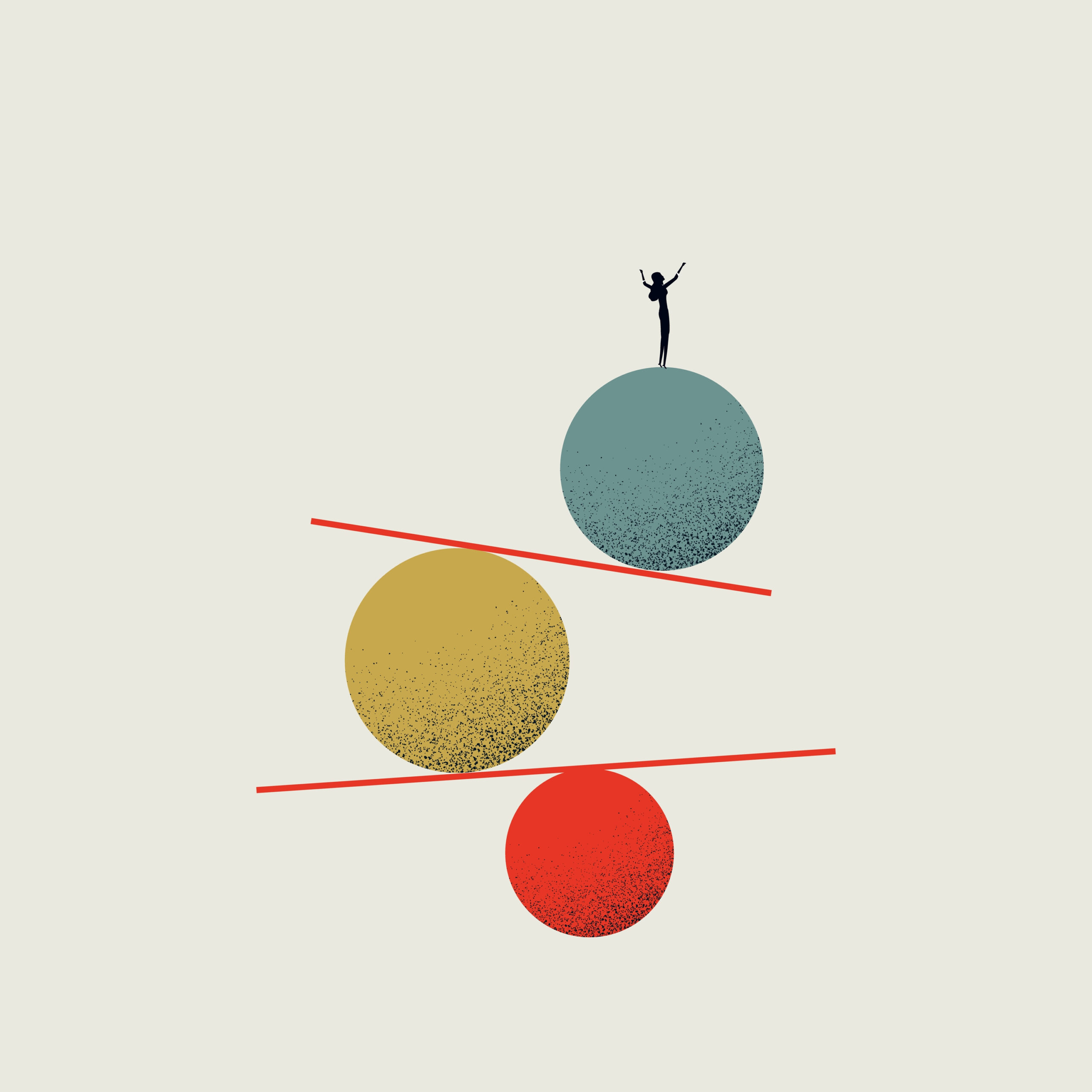 illustration showing 3 coloured spheres with lines balancing on top of them and a person balancing at the very top. Represents the concept of life-work balance