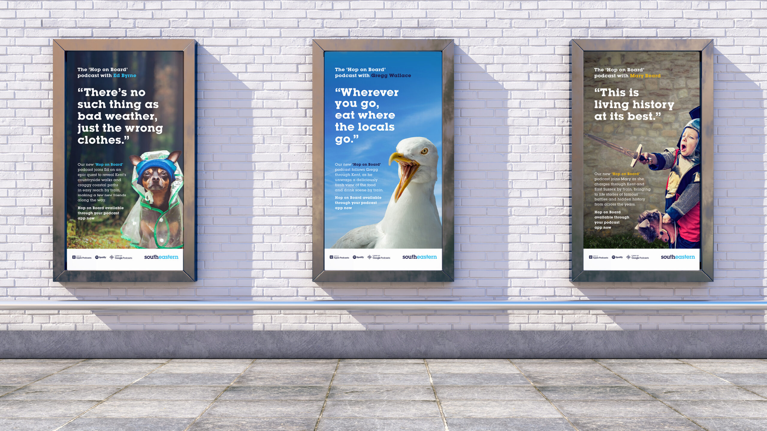 Southeastern Podcast 'Hop on Board' 3-series of promotional posters.